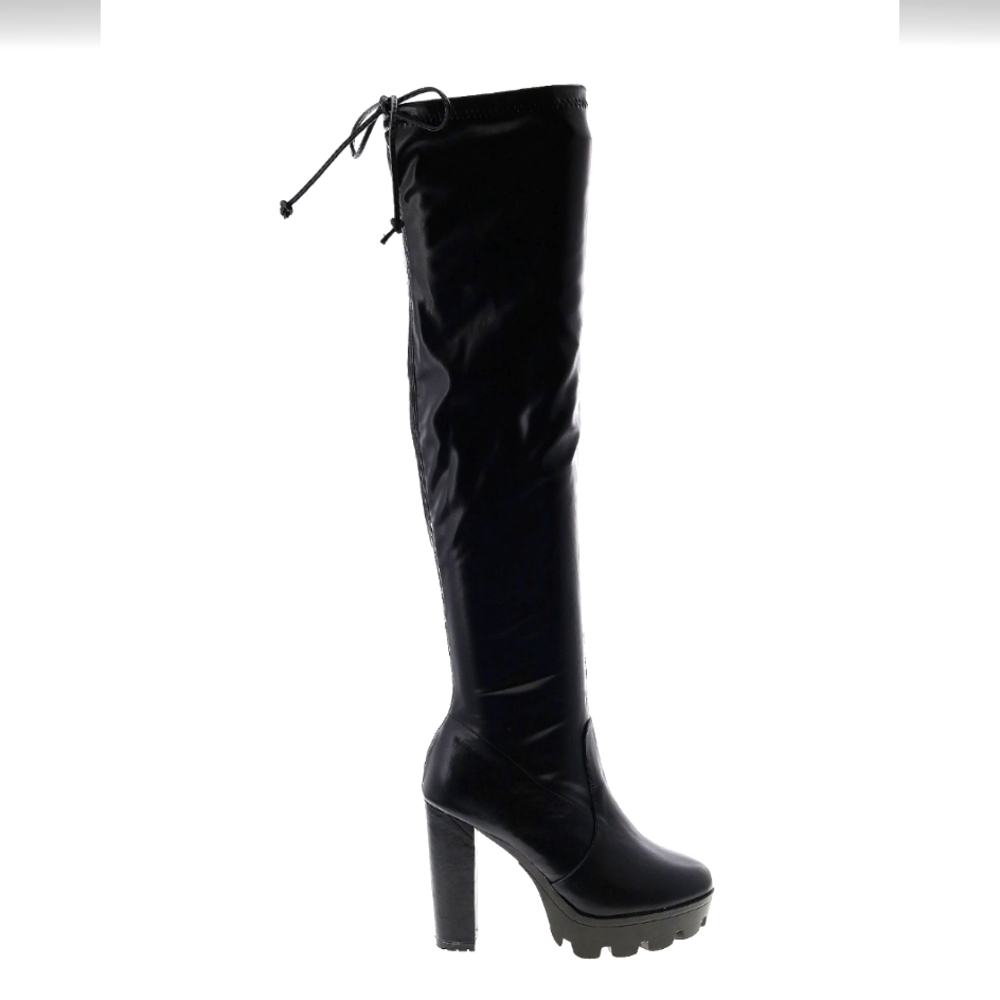 Black faux leather thigh high lugg sole heeled boots, sz 9 (40)